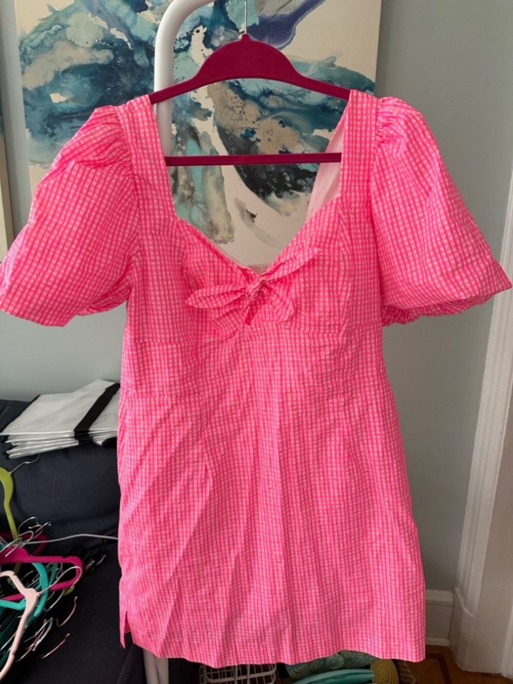 Lilly Pulitzer Hot Pink Gingham Tie-Front Puff Sleeve Romper/Dress